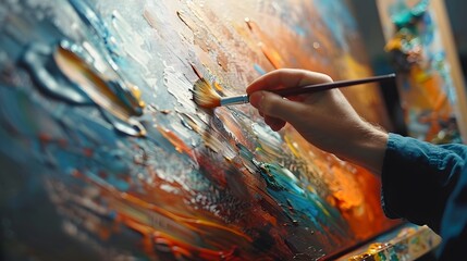 male Artist Works on Abstract Oil Painting, Moving Paint Brush Energetically She Creates Modern Masterpiece. Dark Creative Studio where Large Canvas Stands on Easel Illuminated. Low Angle Close-up