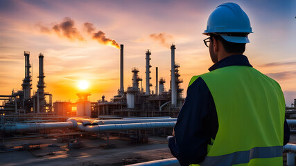 Engineer standing and looking and note at a oil refinery industrial plant and looks at a beautiful sunset landscape.