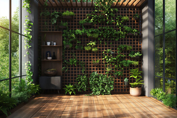 Luxurious home garden with luxurious interior decoration. and a gorgeous exterior landscape with interior views and an open courtyard. Cozy indoor atmosphere with tables, chairs and wooden decor.