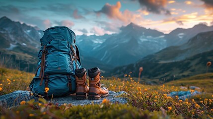Backpack and leather ankle boots. Hiking equipment close-up. - obrazy, fototapety, plakaty