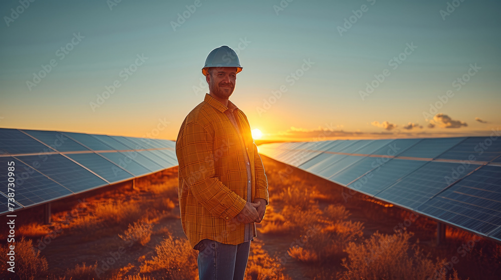 Poster a man standing between the rows of solar panels on a solar farm. generative ai.