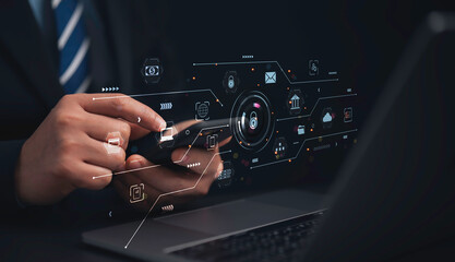 Cybersecurity Global network technology concept. Businessman protect personal information. Encryption with a padlock icon on the virtual interface.Login with laptop to an online account.