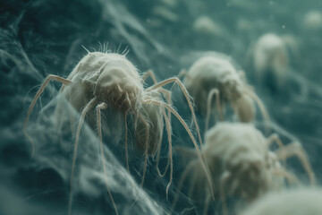 Dust mites that cling to fabric cause allergies.Dust mites that cling to fabric cause allergies. - obrazy, fototapety, plakaty