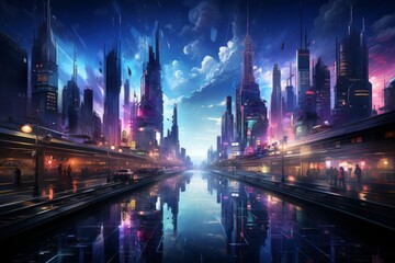 a futuristic city with a river running through it at night - obrazy, fototapety, plakaty