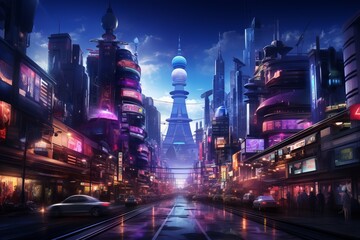 a futuristic city at night with a chess tower in the background