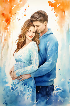 A young and healthy family is depicted in the drawing. The woman is pregnant, and she and her husband are hugging. This picture illustrates the concept of Family Day, Love and Respect.