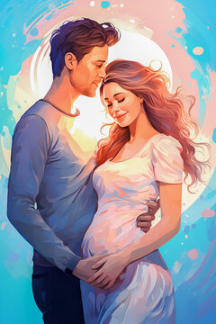 The illustration depicts a young and happy family where a woman is pregnant. They embrace each other with love. This illustration symbolizes the concept of Family Day, Love and Fidelity.