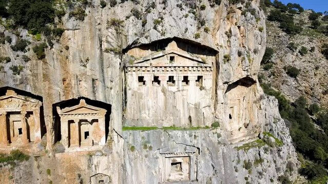 Drone Video of Kaunos (Caunos) King Tombs Ruins in Dalyan, Turkey