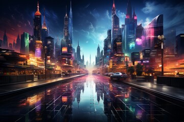 Fototapeta na wymiar it is a painting of a futuristic city at night