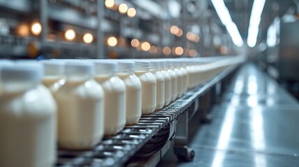 Pasteurized milk bottling line in factory, glass bottles on conveyor