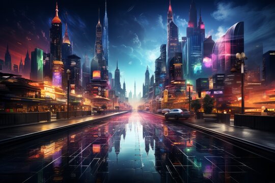it is a painting of a futuristic city at night