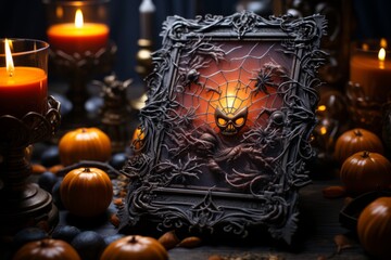 a picture frame with a skull on it is surrounded by pumpkins and candles