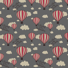 Childish seamless pattern with hot air ballon in the sky. Cute cartoon background. Perfect for fabric, textile, wrapping.Vector Illustration