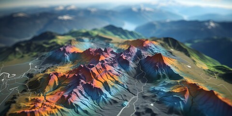 Visualizing Geology: Abstract D Map Showing Geographic Relief and Mountains. Concept Geological Mapping, Topographic Features, Abstract Cartography, Relief Visualization, Mountain Landscapes