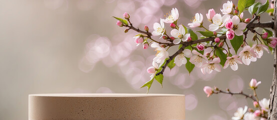 cherry blossom Podium display stage with wooden and natural sakura in full bloom spring nature background