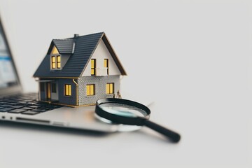 Model of a house with a magnifying glass on a white background with copy space. Concept of buying and searching for real estate