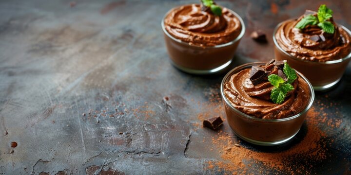 Chocolate mousse decorated with mint leaves and chocolate pieces on a dark stone tabletop background with copy space