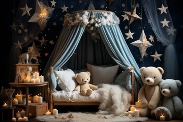 a bedroom with a canopy bed , teddy bears , candles and stars