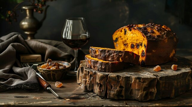 Italian panettone sweet bread loaf studded with candied fruit, served sliced with espresso or sweet wine