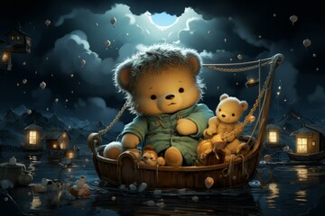 Cartoon characters, two toy teddy bears, sit in a boat on the water
