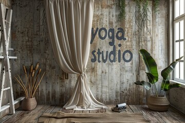 Yoga studio with a rustic wooden backdrop and flowing white curtains, complemented by indoor plants and natural light