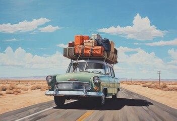 The whimsical illustration depicts a classic retro car cruising down a scenic road, laden with suitcases secured on the roof, as a family embarks on an exciting road trip adventure.