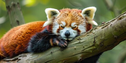 A close-up of a red panda lounging on a tree branch , concept of Cute wildlife