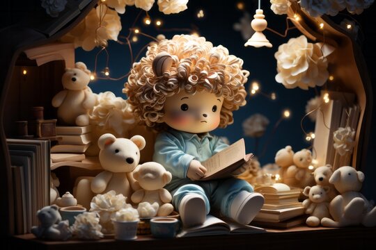 a doll is sitting on a table reading a book surrounded by teddy bears