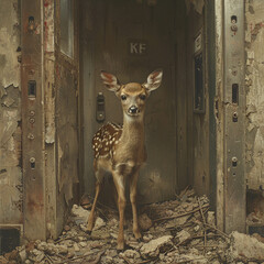Surrealism decrepit high rise broken elevator doors a curious baby deer amidst rubble