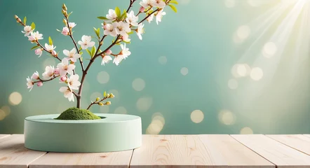 Rollo cherry blossom Podium display stage with wooden and natural sakura in full bloom spring nature background © Dwi