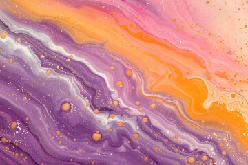 Abstract Liquid Art with Vibrant Purple and Orange Hues, Swirling Patterns, and Golden Speckles Suggesting Creativity and Fluidity