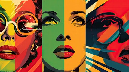 An abstract pop art collage displaying vibrant portraits with a focus on bold eyes and colorful...