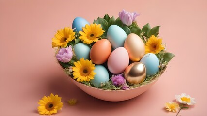 Creative layout composition of flowers and easter eggs on pastel background. 