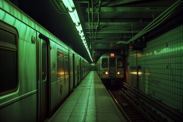 underground subway station of 70s-80s in New York with graffitti covering train walls. Vintage...