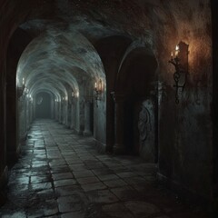 Scary endless medieval catacombs. Mystical nightmare concept