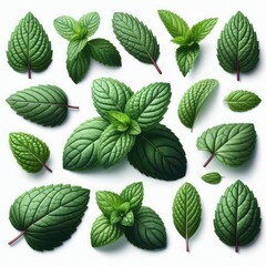 set of green mint leaves isolated on white background - obrazy, fototapety, plakaty