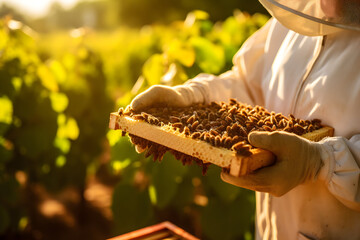 Beekeeper holding honeycomb in vineyard at sunset, closeup
