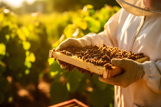 Beekeeper holding honeycomb in vineyard at sunset, closeup - Powered by Adobe
