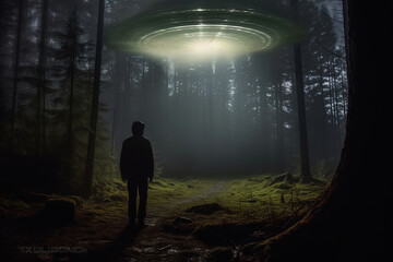 Alone figure stands at edge of forest clearing under glowing lights of UFO at night. Extraterrestrial visitation takes place under shroud of night with beams of light penetrating dense tree canopy