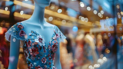 Fototapeta na wymiar Elegant luxury women's dress on a mannequin in window display in shopping center. Dress for reception or celebration. 