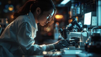 Dedicated female scientist conducting experiments in showcasing blend of biology chemistry and medical research with focus on technology and analysis capturing professional work of young researcher