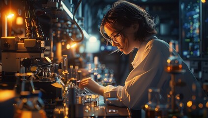 Fototapeta na wymiar Dedicated female scientist conducting experiments in showcasing blend of biology chemistry and medical research with focus on technology and analysis capturing professional work of young researcher