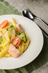 penne with salmon in the restaurant