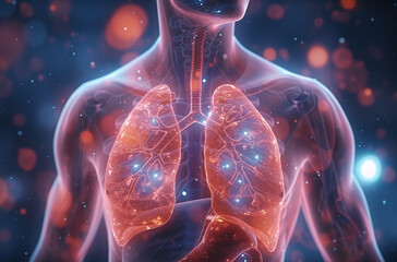 Digital composite of healthy human lungs with visible bronchi superimposed on a city street background, symbolizing urban health. - Powered by Adobe