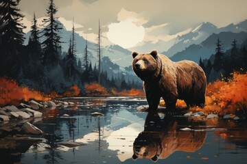 A brown bear stands by a mountain river, blending into the natural landscape - obrazy, fototapety, plakaty