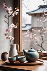 Fototapeta na wymiar Authentic tea ceremony. Stylish minimalist still life with ceramic teapot and cups on wooden windowsill and vase with a sakura branch.