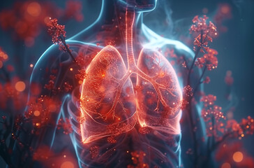 Digital composite of healthy human lungs with visible bronchi superimposed on a city street background, symbolizing urban health. - obrazy, fototapety, plakaty