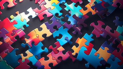 Various colorful puzzle pieces scattered on the background