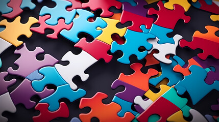 Various colorful puzzle pieces scattered on the background