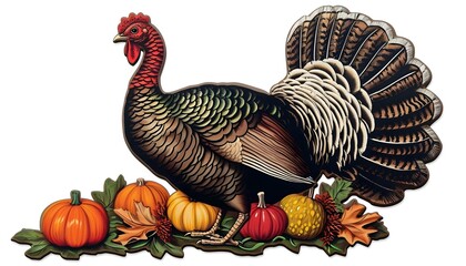 Thanksgiving day turkey with pumpkins gourds fall leaves on white background 